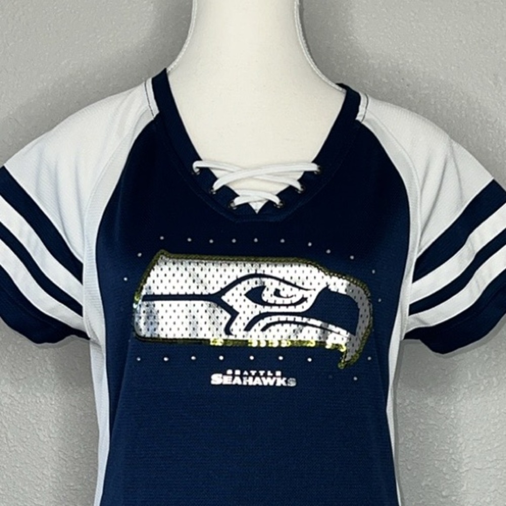 Seattle Seahawks Majestic Women's Lace Up Jersey W/ Sequins & Crystals - Picture 3 of 7